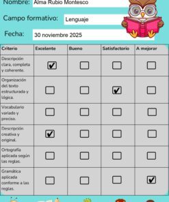 Rúbrica para la evaluación de textos descriptivos de tercer grado, cumplimentada para Alma Rubio Montesco en la clase de Lengua, con fecha 30 de noviembre de 2025. Todos los criterios están marcados como 