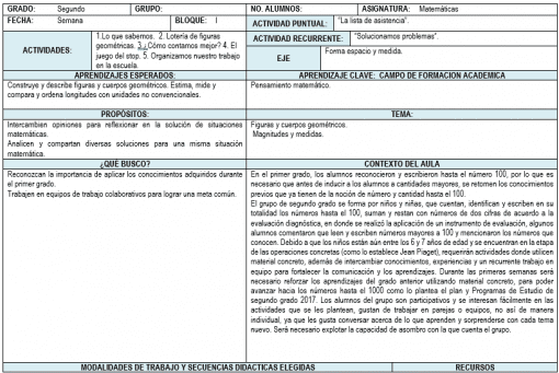 Una tabla en el Plan 2021-2022 del Segundo Grado de Primaria (Primer Trimestre) que describe los detalles de una clase de matemáticas para el Segundo Grado de Primaria, incluidas columnas para grado, grupo, fecha, semana, resultados de aprendizaje, actividades propuestas, aprendizaje clave. y recursos didácticos, todo en español.