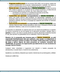 Una página detallada que enumera los planes y lineamientos educativos para el tercer trimestre del año académico 2023-2024 para Secundaria 3º CIENCIAS III. El documento incluye actualizaciones del programa, planes de clases, modificaciones, propuestas de evaluación y materiales de apoyo adaptados a TERCER TRIMESTRE Programa Analítico CIENCIAS III QUÍMICA Secundaria 3º (Ciclo Escolar 2023 – 2024).