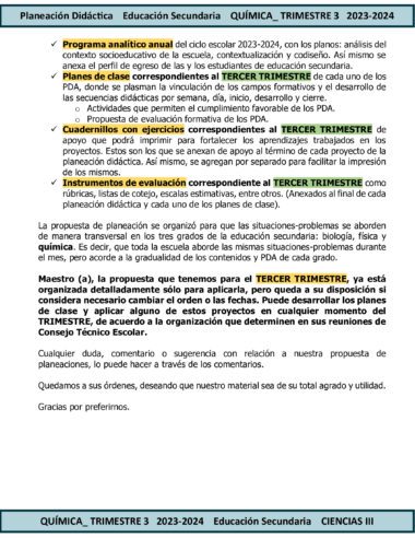 Una página detallada que enumera los planes y lineamientos educativos para el tercer trimestre del año académico 2023-2024 para Secundaria 3º CIENCIAS III. El documento incluye actualizaciones del programa, planes de clases, modificaciones, propuestas de evaluación y materiales de apoyo adaptados a TERCER TRIMESTRE Programa Analítico CIENCIAS III QUÍMICA Secundaria 3º (Ciclo Escolar 2023 – 2024).
