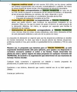Un documento que detalla los planes de lecciones para TERCER TRIMESTRE Programa Analítico GEOGRAFÍA Secundaria 1º (Ciclo Escolar 2023 – 2024). Describe el programa analítico, las propuestas de evaluación, los planes de clase y las secuencias didácticas semanales con una marca de verificación en los puntos importantes.