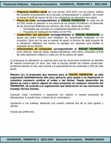 Un documento que detalla los planes de lecciones para TERCER TRIMESTRE Programa Analítico GEOGRAFÍA Secundaria 1º (Ciclo Escolar 2023 – 2024). Describe el programa analítico, las propuestas de evaluación, los planes de clase y las secuencias didácticas semanales con una marca de verificación en los puntos importantes.