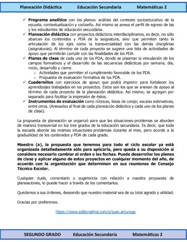 Una tabla titulada "Planificación Didáctica Educación Secundaria Matemáticas 2" enumera los puntos clave para la planificación, incluida la planificación analítica y didáctica, los proyectos transversales y los pasos de preparación de la clase con viñetas y notas explicativas.