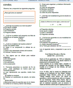 Una imagen de un examen de primer trimestre de sexto grado en español titulado 