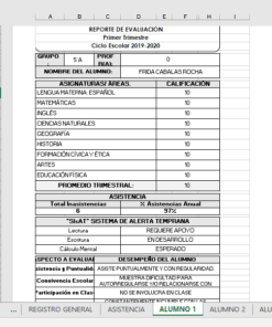 Descripción: Captura de pantalla del Generador De Reportes De Evaluación en formato de hoja de cálculo Excel que muestra un informe de evaluación estudiantil con columnas para asignaturas, calificaciones, asistencia y comentarios. Incluye secciones para evaluaciones.