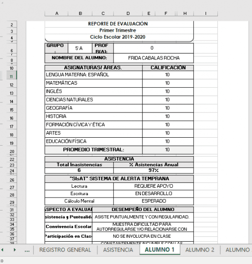 Descripción: Captura de pantalla del Generador De Reportes De Evaluación en formato de hoja de cálculo Excel que muestra un informe de evaluación estudiantil con columnas para asignaturas, calificaciones, asistencia y comentarios. Incluye secciones para evaluaciones.