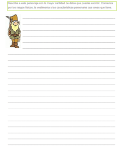 Cuaderno de repaso de Expresión Escrita con una imagen caricaturizada de un hombre mayor que lleva gafas, una bufanda y un abrigo largo, sosteniendo un bastón. Se proporciona espacio para describir al personaje en español.