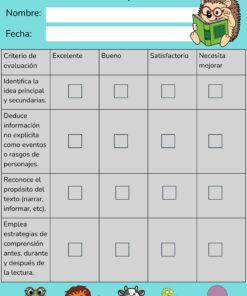 Colorida rúbrica de comprensión lectora en español para tercer grado con un erizo leyendo en la parte superior. Incluye secciones para nombre, fecha, criterios y columnas para excelente, bueno, satisfactorio, necesita mejorar. Ilustraciones de animales en la parte inferior.