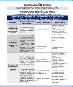 Un cuadro resume el programa anual de matemáticas para 1º de bachillerato, detallando contenidos, procesos de aprendizaje, páginas de libros de texto y actividades de proyectos para fracciones, decimales y extensión a números negativos y positivos.