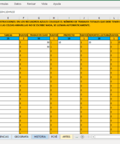 Un Generador De Informes De Evaluación de Excel detallado en español que muestra las calificaciones de los estudiantes en materias como español, matemáticas, inglés, etc., con filas de nombres de estudiantes y columnas de calificaciones de exámenes, sumando puntos.