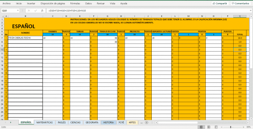 Un Generador De Informes De Evaluación de Excel detallado en español que muestra las calificaciones de los estudiantes en materias como español, matemáticas, inglés, etc., con filas de nombres de estudiantes y columnas de calificaciones de exámenes, sumando puntos.