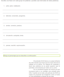 Un cuaderno de repaso en español Cuaderno de repaso de Expresión Escrita con secciones para completar palabras faltantes, definir términos y emparejar frases. El fondo es blanco con algo de texto y espacios con líneas para las respuestas.