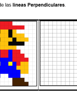 Pixel art de un personaje de videojuego popular hecho con cuadrados de colores en una cuadrícula, junto a una cuadrícula vacía etiquetada 