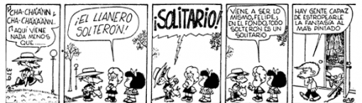 Tira cómica en español de cinco viñetas con personajes que reaccionan ante una figura más alta y solitaria que se acerca. El título dice "¡Planeaciones de Taller Comprensión Oral y escrita 1!" que se traduce como "El soltero guardabosques