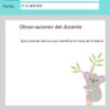 Rúbrica de comprensión lectora para tercer curso con el nombre del alumno, la fecha y la observación del profesor. La página presenta un koala en un árbol y animales de dibujos animados (león, pulpo, tortuga, vaca) en la parte inferior.