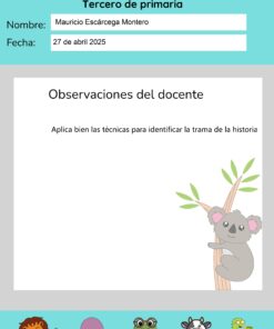 Rúbrica de comprensión lectora para tercer curso con el nombre del alumno, la fecha y la observación del profesor. La página presenta un koala en un árbol y animales de dibujos animados (león, pulpo, tortuga, vaca) en la parte inferior.