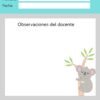 Plantilla de rúbrica de comprensión lectora para tercer grado en español. Incluye espacios para el nombre, la fecha, las observaciones del profesor, un koala en un árbol y animales de dibujos animados (león, pulpo, rana, vaca, dinosaurio) en la parte inferior.