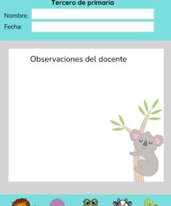 Plantilla de rúbrica de comprensión lectora para tercer grado en español. Incluye espacios para el nombre, la fecha, las observaciones del profesor, un koala en un árbol y animales de dibujos animados (león, pulpo, rana, vaca, dinosaurio) en la parte inferior.