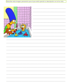 Ilustración de Marge Simpson y Maggie Simpson, con Marge tejiendo y Maggie jugando con juguetes en un parque, sobre un fondo de rayas rosas. También se ve a Maggie con un 