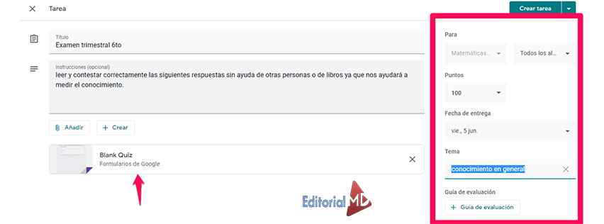 puntos, Fecha de entrega, el tema enfocado en el examen classroom