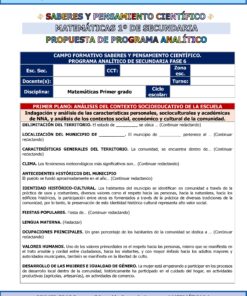 Un documento curricular para matemáticas de primer grado que muestra los detalles del programa, el análisis del contexto escolar y secciones como territorio, ubicación y características de la comunidad, con encabezados resaltados en azul, amarillo y rojo.