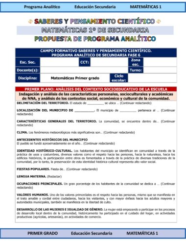 Un documento curricular para matemáticas de primer grado que muestra los detalles del programa, el análisis del contexto escolar y secciones como territorio, ubicación y características de la comunidad, con encabezados resaltados en azul, amarillo y rojo.