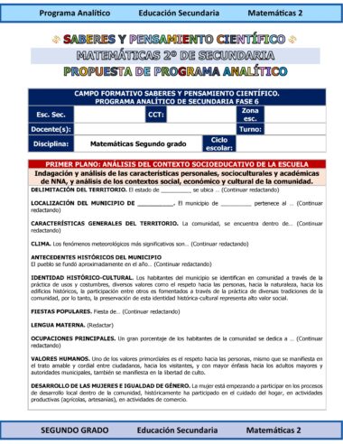 Página de un documento de programa educativo para matemáticas de segundo curso. Incluye encabezados, una tabla azul con criterios y texto sobre el análisis del contexto sociocultural y académico de la escuela.