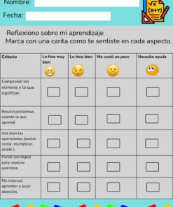 Hoja de trabajo de autoevaluación matemática para tercer grado con una tabla de criterios y cuatro columnas para marcar emojis que representan niveles de comprensión, desde 