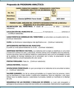 Documento que detalla un programa analítico para el análisis del contexto socioeconómico y cultural en una promoción TERCER TRIMESTRE Programa Analítico CIENCIAS III QUÍMICA Secundaria 3º (Ciclo Escolar 2023 – 2024), alineado con CIENCIAS III para el Ciclo Escolar 2023 – 2024. Cubre delimitación territorial, ubicación , características generales, hidrografía y fenómenos meteorológicos significativos.