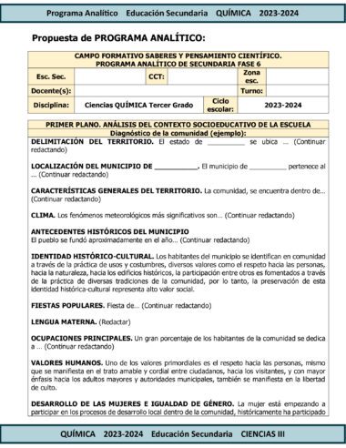 Documento que detalla un programa analítico para el análisis del contexto socioeconómico y cultural en una promoción TERCER TRIMESTRE Programa Analítico CIENCIAS III QUÍMICA Secundaria 3º (Ciclo Escolar 2023 – 2024), alineado con CIENCIAS III para el Ciclo Escolar 2023 – 2024. Cubre delimitación territorial, ubicación , características generales, hidrografía y fenómenos meteorológicos significativos.