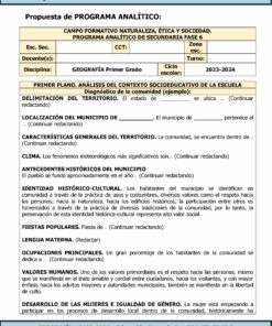 Documento que describe la propuesta de programa analítico para TERCER TRIMESTRE Programa Analítico GEOGRAFÍA Secundaria 1º (Ciclo Escolar 2023 – 2024). Incluye apartados sobre el contexto socioeducativo, delimitación del territorio, ubicación y características generales del territorio.
