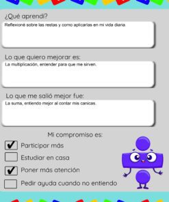 Una colorida hoja de ejercicios con borde de símbolos matemáticos, que incluye sugerencias para reflexionar sobre el aprendizaje de la resta y la suma, espacios para objetivos y logros, una lista de compromisos y un personaje de dibujos animados de color morado en la parte inferior derecha.
