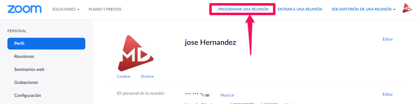 programando una reunión en zoom