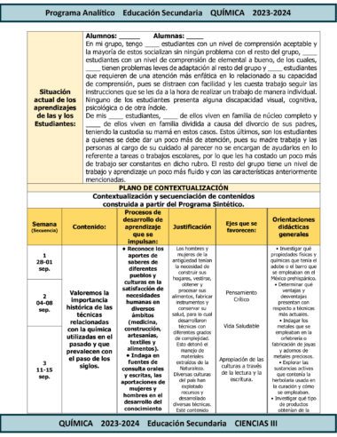 Descripción: Un detallado programa de estudios para la asignatura TERCER TRIMESTRE Programa Analítico CIENCIAS III QUÍMICA Secundaria 3º (Ciclo Escolar 2023 – 2024). Incluye la situación actual del aprendizaje de los alumnos, un esquema analítico del programa, semanas de secuencia de estudio y los temas y competencias a cubrir. El texto está en español.