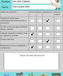 Rúbrica de presentación oral para tercer grado con categorías calificadas como excelente, bueno, satisfactorio o necesita mejorar. Se rellenan los campos con el nombre del alumno y la fecha. En la parte inferior hay una sección de comentarios del profesor con animales de dibujos animados.