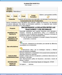 Tabla de planificación de lecciones para matemáticas de 6º curso centrada en la comprensión y el uso de fracciones y decimales. Esboza objetivos, actividades y destrezas, con encabezados de sección en azul y amarillo y texto organizado en español.