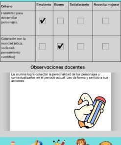 Una rúbrica para texto narrativo de 3er grado con dos criterios y casillas para calificar. Los comentarios del profesor elogian el desarrollo de los personajes. En la parte inferior aparece un pato ilustrado sosteniendo un lápiz, con iconos de animales a lo largo del pie de página.