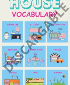 Un cartel educativo titulado "Vocabulario de la casa" presenta ilustraciones coloridas y caprichosas de varias habitaciones y espacios de una casa. Las categorías incluyen baño, cocina, sala de estar, dormitorio, comedor, garaje, estudio, patio y jardín. Es perfecto para un Mini-cuadernillo de trabajo: Vocabulario de la casa.