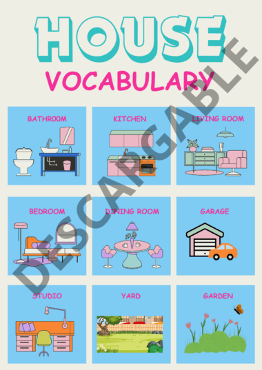 Un cartel educativo titulado "Vocabulario de la casa" presenta ilustraciones coloridas y caprichosas de varias habitaciones y espacios de una casa. Las categorías incluyen baño, cocina, sala de estar, dormitorio, comedor, garaje, estudio, patio y jardín. Es perfecto para un Mini-cuadernillo de trabajo: Vocabulario de la casa.