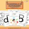 La portada del cuaderno de actividades titulado "ESCRITURA EN ESPEJO CON LAS LETRAS 'b' Y 'd'" está diseñada para ayudar a superar la escritura inversa, presentando diagramas educativos lúdicos y una ilustración de un niño sosteniendo piezas de rompecabezas. Los datos de contacto se proporcionan en la parte inferior.