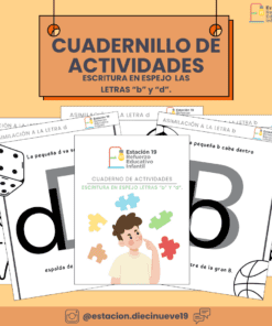 La portada del cuaderno de actividades titulado "ESCRITURA EN ESPEJO CON LAS LETRAS 'b' Y 'd'" está diseñada para ayudar a superar la escritura inversa, presentando diagramas educativos lúdicos y una ilustración de un niño sosteniendo piezas de rompecabezas. Los datos de contacto se proporcionan en la parte inferior.