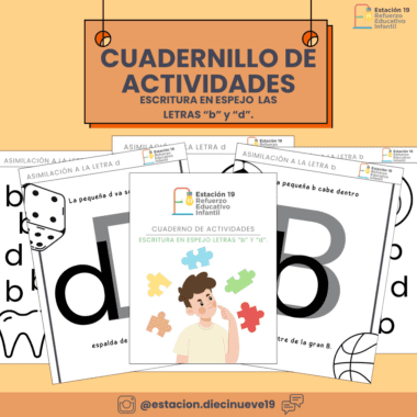 La portada del cuaderno de actividades titulado "ESCRITURA EN ESPEJO CON LAS LETRAS 'b' Y 'd'" está diseñada para ayudar a superar la escritura inversa, presentando diagramas educativos lúdicos y una ilustración de un niño sosteniendo piezas de rompecabezas. Los datos de contacto se proporcionan en la parte inferior.