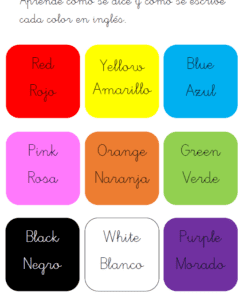 El libro de vocabulario en inglés (5-7 años) incluye una hoja de trabajo con recuadros de colores para aprender los colores en español e inglés: red/rojo, yellow/amarillo, blue/azul, pink/rosa, orange/naranja, green/verde, black/negro, white/blanco, purple/morado.