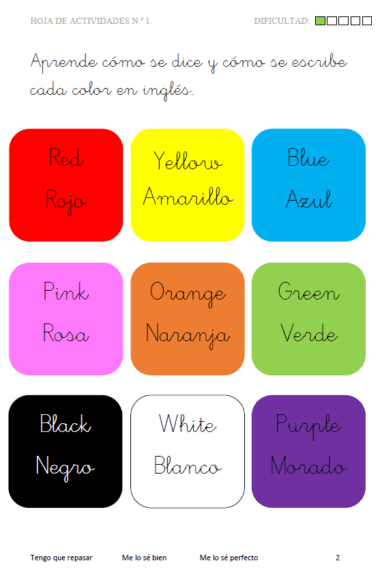 El libro de vocabulario en inglés (5-7 años) incluye una hoja de trabajo con recuadros de colores para aprender los colores en español e inglés: red/rojo, yellow/amarillo, blue/azul, pink/rosa, orange/naranja, green/verde, black/negro, white/blanco, purple/morado.
