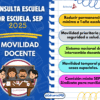 Infografía titulada "Consulta Escuela por Escuela, SEP 2025 Movilidad Docente" con dibujos de maestros y lista de propuestas sobre movilidad docente en recuadros de colores a la derecha.