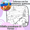 Ilustración de una escena playera con un oso bajo una sombrilla; la página para colorear utiliza símbolos de elementos químicos para etiquetar los objetos. El texto en español dice "Colorea con los elementos químicos" y "Edición vacaciones de verano".