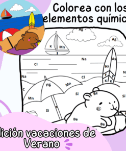 Ilustración de una escena playera con un oso bajo una sombrilla; la página para colorear utiliza símbolos de elementos químicos para etiquetar los objetos. El texto en español dice "Colorea con los elementos químicos" y "Edición vacaciones de verano".