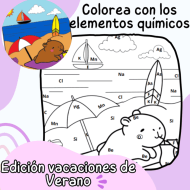 Ilustración de una escena playera con un oso bajo una sombrilla; la página para colorear utiliza símbolos de elementos químicos para etiquetar los objetos. El texto en español dice "Colorea con los elementos químicos" y "Edición vacaciones de verano".