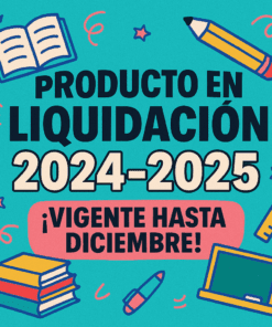Anuncio ilustrado con material escolar, el texto dice: "Producto en liquidación 2024-2025 ¡Vigente hasta diciembre!". Fondo verde azulado con dibujos de libros, lápiz, regla, borrador, papel y una pizarra.
