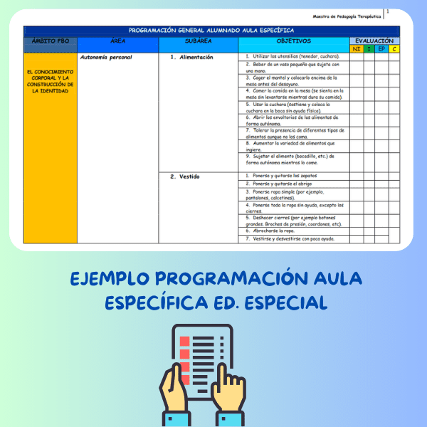 “Avanzamos Juntos: Guía de Programación para Aulas Específicas” 1 Captura de pantalla de un plan de programación de aula para educación especial, centrado en la autonomía personal, con secciones para los objetivos, la evaluación y un área resaltada sobre la conciencia corporal y la construcción de la identidad.